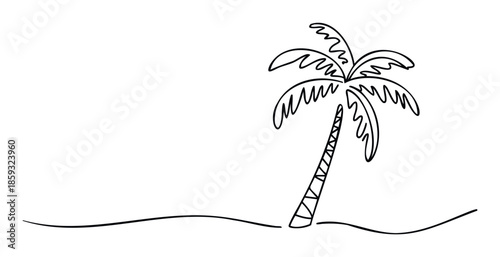 Minimalist black outline drawing of a tropical palm tree on a sandy beach, ideal for travel advertisements, vacation promotions, summer event invitations, or relaxed lifestyle branding