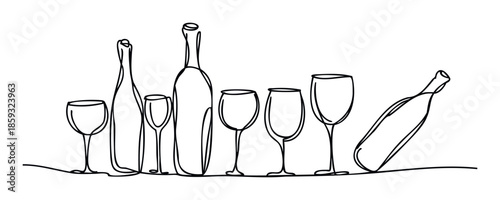 Elegant one line drawing depicting an assortment of wine glassware and bottles perfect for modern restaurant branding, winery advertisements, and celebration graphics.