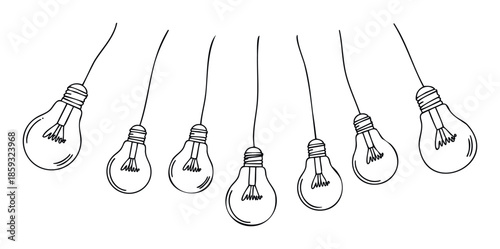 Hand drawn light bulbs hanging in an arc representing creative inspiration and new ideas for business presentations or educational materials