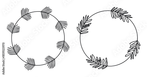 Elegant hand drawn botanical round frames with natural leaf ornaments ideal for creating unique branding elements, wedding invitations, greeting cards, and social media graphics