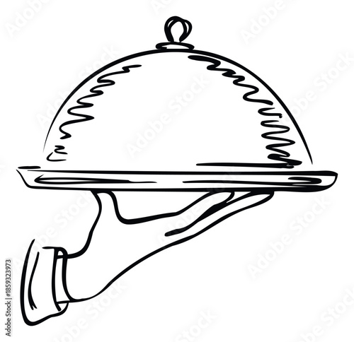 A hand presents a classic covered serving tray with a domed cloche, perfect for conveying elegance and exceptional service in hospitality, food, or luxury branding projects