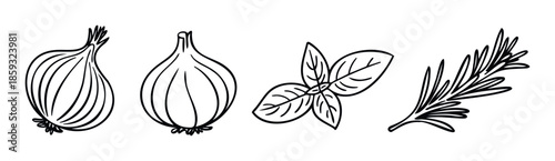 A collection of fresh kitchen ingredients featuring outline illustrations of onions, fragrant basil leaves, and aromatic rosemary perfect for culinarythemed projects and foodrelated