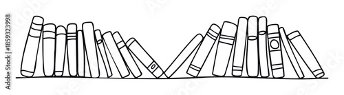 A linear graphic of several standing and leaning books arranged on a shelf, ideal for educational publications, library themes, or reading related promotional materials