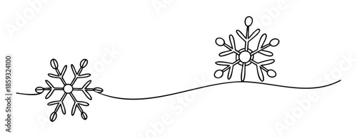 Seamless continuous line drawing of two elegant snowflakes creating a minimalist winter holiday graphic perfect for seasonal greeting cards, festive event invitations, or website background