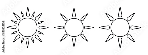 Set of outlined sun shapes with different ray styles symbolizing sunny weather, warmth, and light, ideal for interface icons, educational materials, and simple graphic designs.