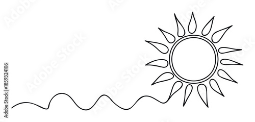 Simple minimalist line drawing of a sun with wavy radiating lines, perfect for weather forecasts, environmental themes, or graphic resource applications