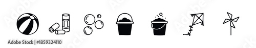 Essential summer and outdoor play icons featuring beach ball, sun protection, soap bubbles, sand pails, kite, and pinwheel, great for seasonal campaigns and childrens projects.