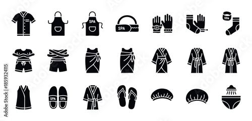 Collection of spa and wellness glyph icons depicting various clothing, accessories, and garments for relaxation and selfcare perfect for health and beauty business applications