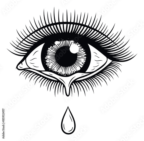 Monochromatic distressed human eye illustration shedding a tear, symbolizing grief or strong feelings, perfect for emotional and conceptual communication.