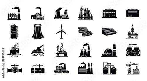 Diverse collection of black silhouette icons representing various industrial facilities, energy production sites, and infrastructure elements, perfect for modern graphic design and digital