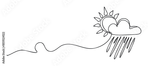 A simple single line drawing depicting the sun peeking from behind a cloud with rain falling, symbolizing weather conditions perfect for forecast graphics or educational presentations