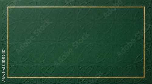 Green embossed celtic knot pattern background with gold frame. Elegant decorative template for St. Patricks Day celebration or certificate design.
