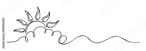 A simple continuous line drawing depicting a sun rising over abstract wavy forms, perfect for symbolizing new beginnings, optimism, or a peaceful natural environment in various minimalist