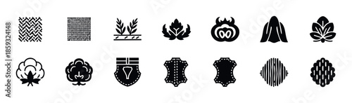 Collection of diverse textile, fabric, and material icons representing weaving, knitting, natural fibers like cotton, plant materials, and various leather textures, useful for product