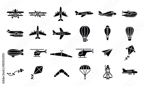 A comprehensive collection of diverse aerial vehicle and flying object silhouette icons, perfect for modern graphic design projects, educational content, and transportationthemed