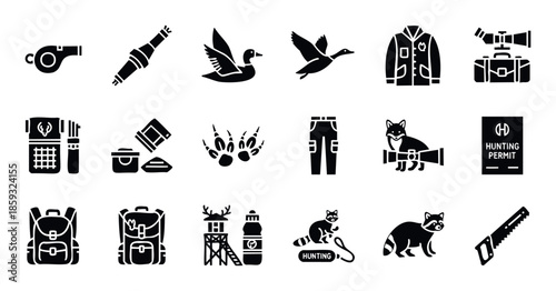 Collection of essential hunting equipment and wildlife icons for outdoor sports, nature exploration, and survival guides, perfect for various digital and print applications