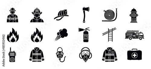 A comprehensive set of essential firefighting and emergency response icons, perfect for illustrating safety procedures, equipment, and personnel in digital applications or informational
