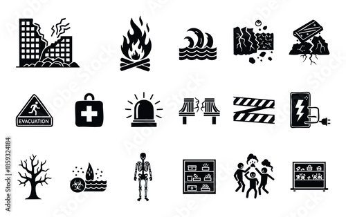Visual representations of various disaster and emergency scenarios for public safety awareness campaigns, educational materials, and crisis management resources.