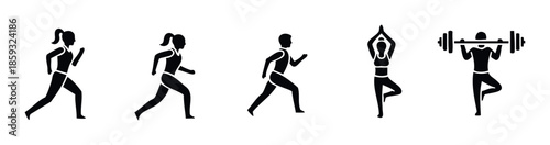 Black silhouette icons of people engaged in running, yoga, and weightlifting, perfect for fitness app interfaces, health promotion materials, and sportrelated marketing campaigns.