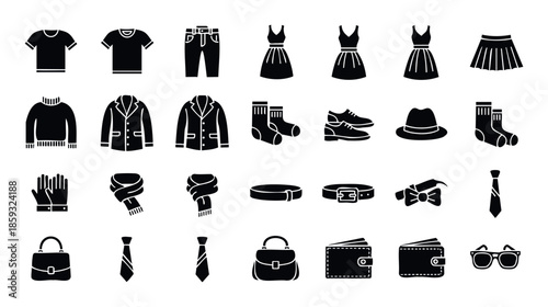 Comprehensive collection of essential clothing and accessories icons perfect for ecommerce platforms, shopping applications, and general retail graphic presentations