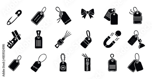 Collection of diverse commerce icons featuring various price tags, product labels, safety pins, and a bow for retail, shopping, and identification purposes