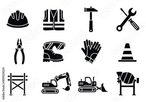 Essential construction site safety equipment, heavy machinery, and hand tools silhouettes for industrial building projects and workforce protection