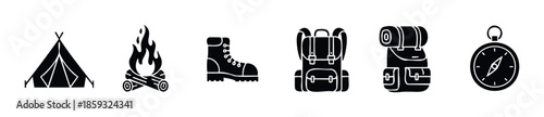 Collection of essential camping and hiking equipment silhouette icons perfect for outdoor adventure themed graphics, travel applications, and wilderness exploration signage