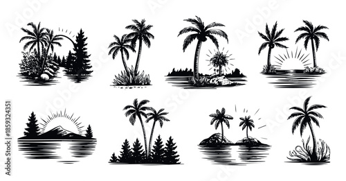 Tropical palm tree and mountain forest silhouette landscapes with sun and water reflections, perfect for travel advertisements, vacation branding, or outdoor nature themed graphics.