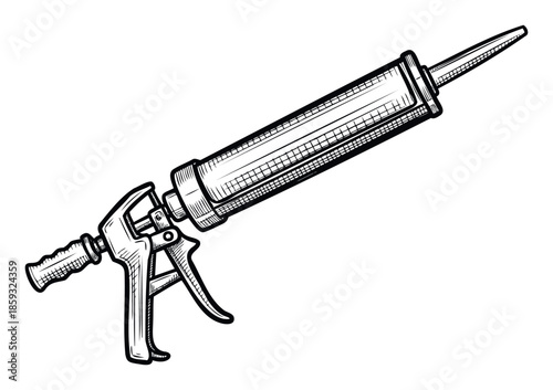 A handoperated caulking gun used for dispensing sealants and adhesives, essential for various construction, renovation, and home repair projects, presented in a vintage engraving style