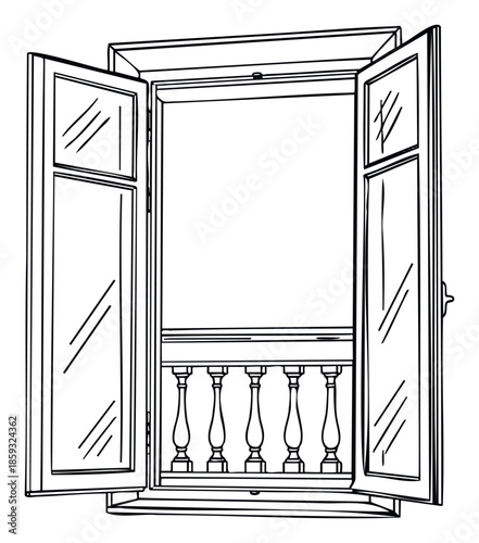 Outline drawing of an open window with two sashes revealing a classic balustrade, perfect for architectural designs, coloring books, or historical building representations