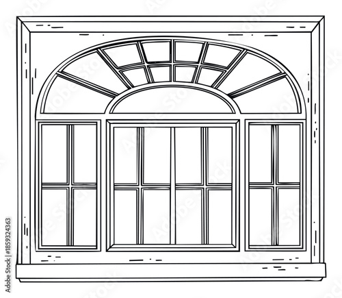 Classic arched window frame sketch with multiple panes and a wide sill offering a traditional architectural element for building renovation projects and interior decoration ideas