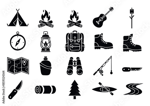 A comprehensive collection of outdoor activity and camping equipment icons including a tent, campfire, compass, backpack, boots, fishing rod, and map, perfect for travel blogs, adventure