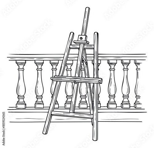 A detailed black and white drawing depicting an empty artist easel standing on a balcony with a classic balustrade, perfect for various creative projects and graphic resources.