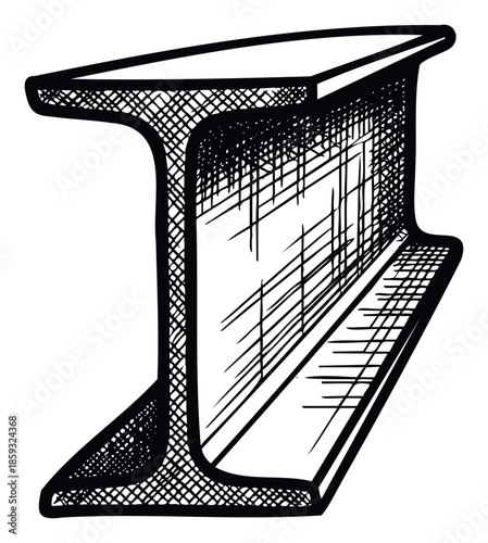 Detailed handdrawn sketch of a robust steel Ibeam representing strength and industrial construction, suitable for engineering, architecture, and building material themes