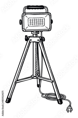 Handdrawn sketch of a sturdy portable floodlight mounted on an adjustable tripod stand with an electrical cord and plug, perfect for tool catalogs or industrial safety guides.
