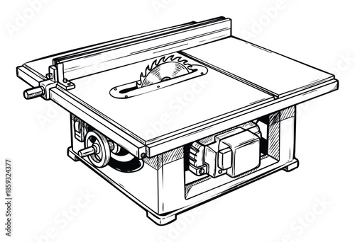 Detailed line drawing of a powerful table saw, essential woodworking machinery for cutting and shaping wood, perfect for DIY project resources or construction industry visuals