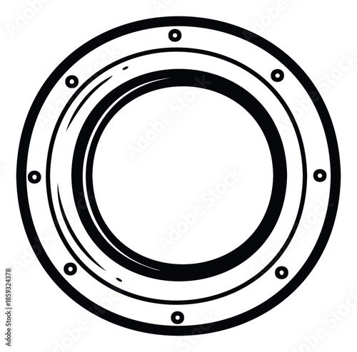 Bold graphic circular frame resembling a mechanical porthole or industrial design element, ideal for engineering projects, manufacturing presentations, or modern abstract backgrounds.