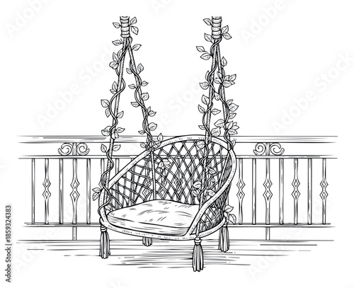 Inviting hanging swing chair with a comfortable cushion and climbing vine decorations offers a relaxing spot on a stylish outdoor balcony, perfect for home decor concepts or tranquil