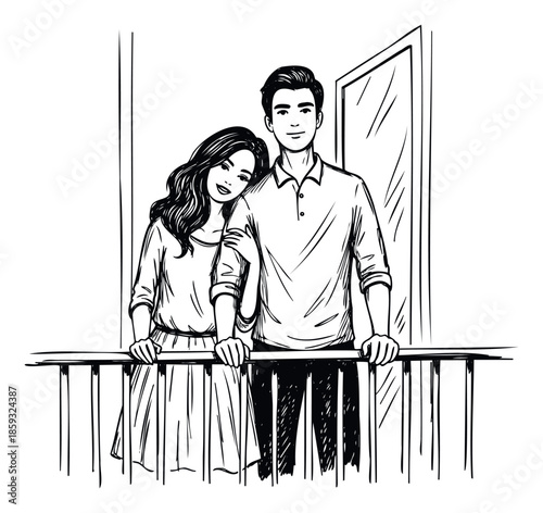 Young couple standing on a balcony with the woman leaning on the mans shoulder, portraying love and togetherness for relationship blogs or romantic stories