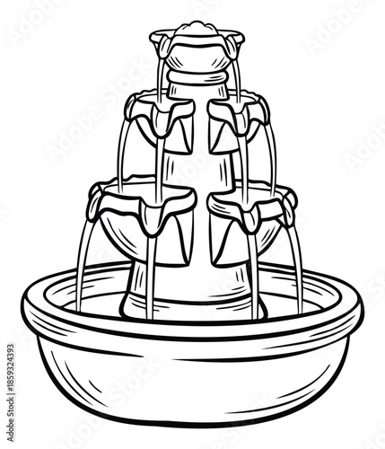 Detailed black and white outline drawing of a multi level garden fountain with flowing water into a round basin, ideal for architecture, landscape, or outdoor decor themes and graphic assets