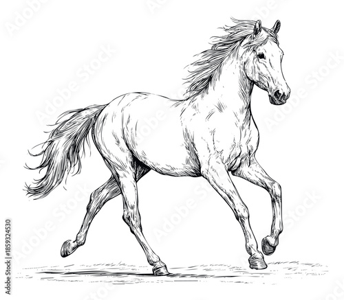 Majestic horse line art depicting a powerful galloping motion, perfect for use in equestrian marketing campaigns, educational materials, or classic animal themes.