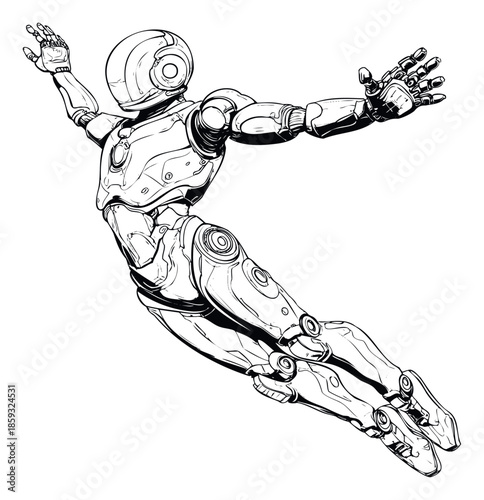 Futuristic humanoid robot flying through space with arms outstretched, conveying motion and technological advancement, ideal for science fiction media, game assets, or educational materials