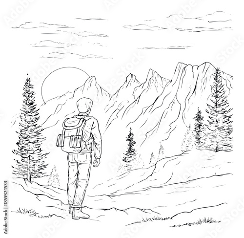A lone person wearing a backpack stands on a mountain trail gazing at a majestic natural landscape with rugged peaks and evergreen trees beneath a large sun, useful for outdoor adventure