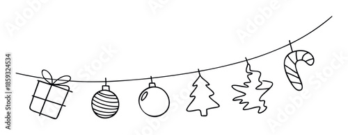 Simple black line drawing of festive holiday decorations including a gift box, Christmas tree, baubles, and candy cane strung together, perfect for seasonal greetings, event invitations, or
