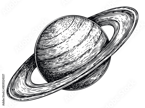 Detailed engraving style depiction of the planet Saturn with its iconic rings, perfect for educational materials, science publications, or vintage astronomical themed graphic projects.