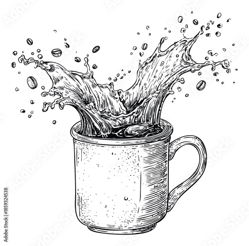 Dynamic coffee splash with flying beans captured in a spirited handdrawn style, perfect for invigorating cafe menus, beverage promotions, or energizing morning advertisements