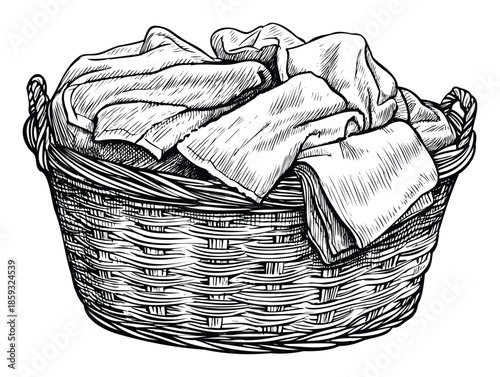 A traditional wicker laundry hamper overflowing with freshly washed fabric items, ready for sorting and folding, perfect for depicting household chores or textile care services.