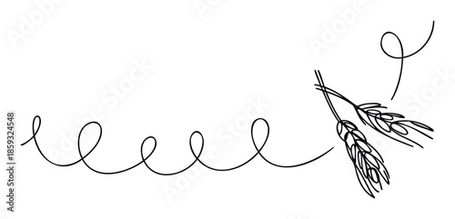 Minimalist black line drawing of wheat ears connected by a continuous flowing spiral line, suitable for agricultural branding, food packaging, or organic product labels.