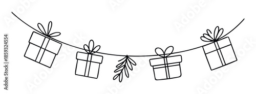 Festive line drawing garland with gift boxes and a fir branch, perfect for holiday celebrations, party invitations, or cheerful event decoration.