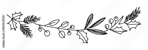 Charming black line winter holiday garland drawing featuring festive holly leaves, berries, and evergreen branches, ideal for seasonal invitations, greetings, and festive decorations.